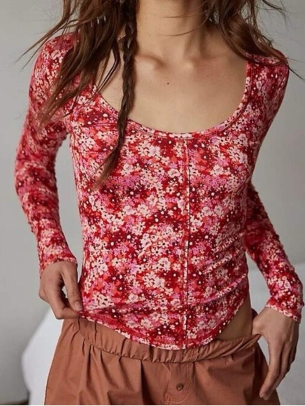Free People Red Pink Floral Scoop-Neck Long Sleeve Top